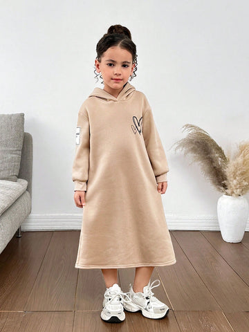 Young Girl Casual Matching Mother-Daughter Casual Warm Thermal Lined Oversized Raglan Hoodie Dress