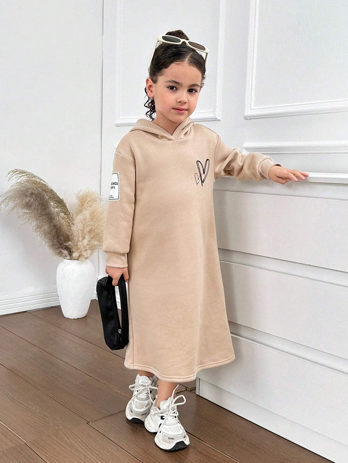 Young Girl Casual Matching Mother-Daughter Casual Warm Thermal Lined Oversized Raglan Hoodie Dress