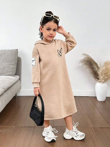 Young Girl Casual Matching Mother-Daughter Casual Warm Thermal Lined Oversized Raglan Hoodie Dress