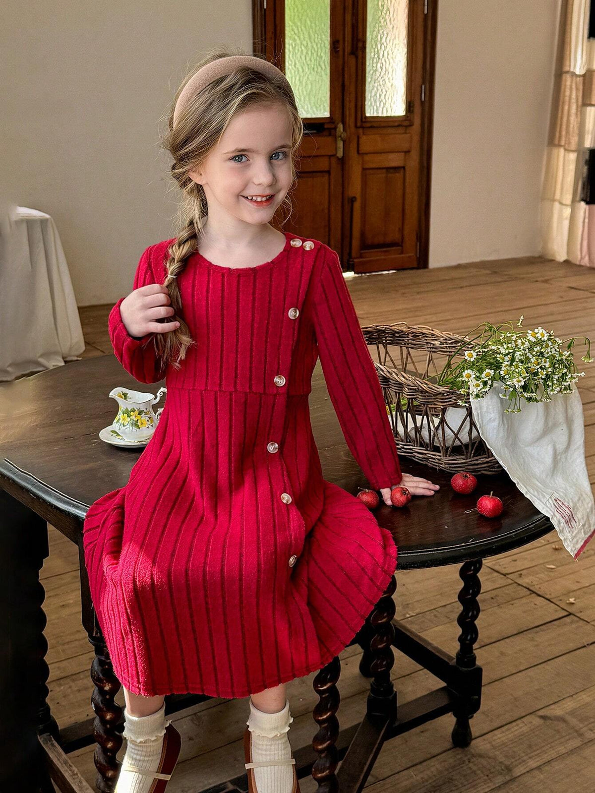 Young Girl Casual Matching Mother-Daughter Elegant & Casual Round Neck Pullover Split Design Mid-Length Dress,Autumn/Winter