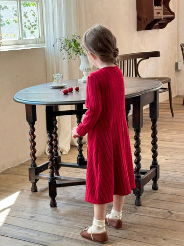 Young Girl Casual Matching Mother-Daughter Elegant & Casual Round Neck Pullover Split Design Mid-Length Dress,Autumn/Winter