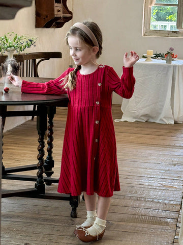 Young Girl Casual Matching Mother-Daughter Elegant & Casual Round Neck Pullover Split Design Mid-Length Dress,Autumn/Winter