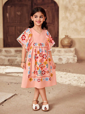 Young Girl Casual Matching Mother-Daughter V-Neck Short Sleeve Dress With Flower Pattern And Lace Hem Decoration