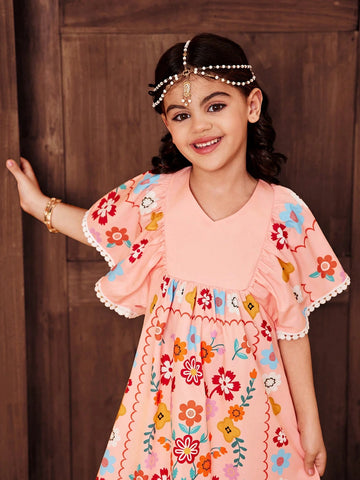 Young Girl Casual Matching Mother-Daughter V-Neck Short Sleeve Dress With Flower Pattern And Lace Hem Decoration