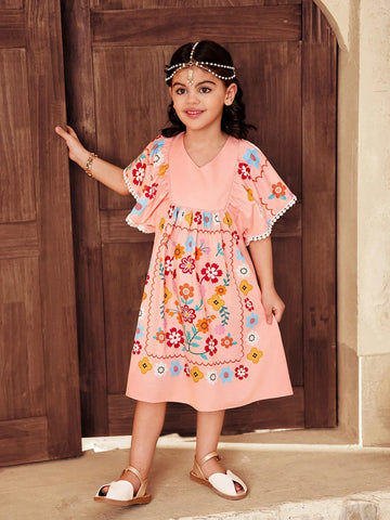 Young Girl Casual Matching Mother-Daughter V-Neck Short Sleeve Dress With Flower Pattern And Lace Hem Decoration