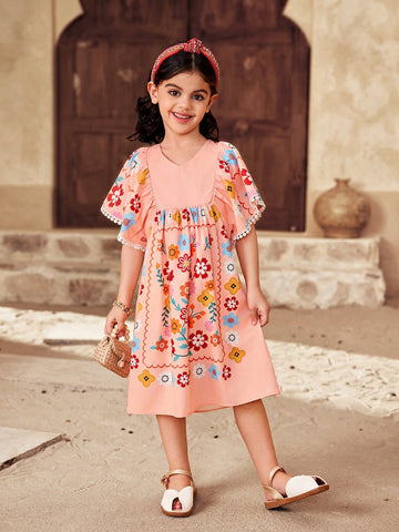Young Girl Casual Matching Mother-Daughter V-Neck Short Sleeve Dress With Flower Pattern And Lace Hem Decoration