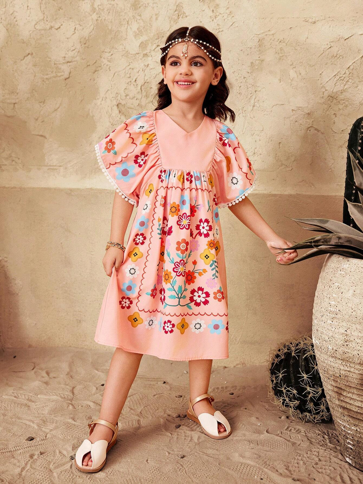 Young Girl Casual Matching Mother-Daughter V-Neck Short Sleeve Dress With Flower Pattern And Lace Hem Decoration