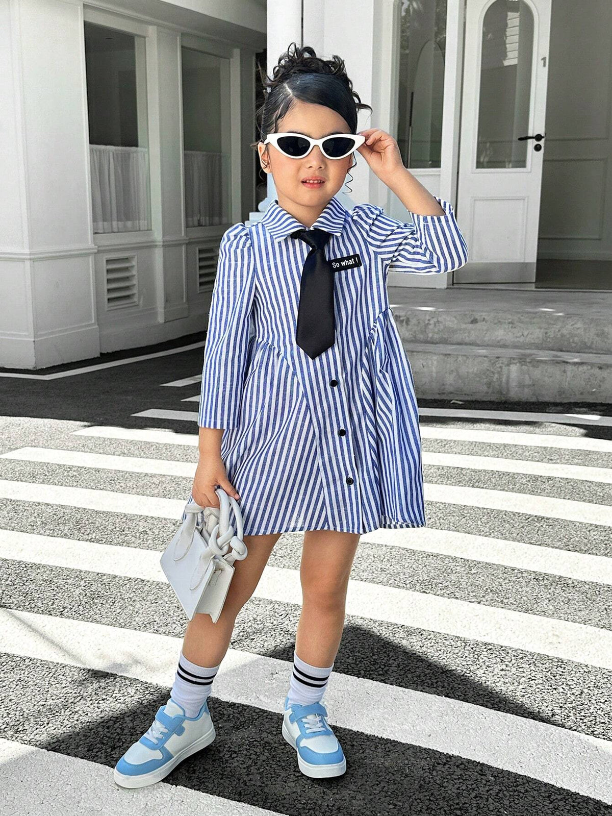 Young Girl Casual Matching Mother-Daughter Woven Long Sleeve Striped Collar Belted Casual Dress, Autumn/Winter