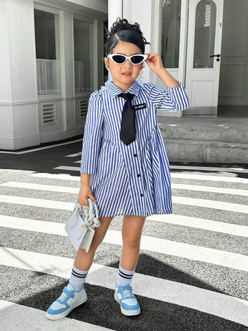 Young Girl Casual Matching Mother-Daughter Woven Long Sleeve Striped Collar Belted Casual Dress, Autumn/Winter