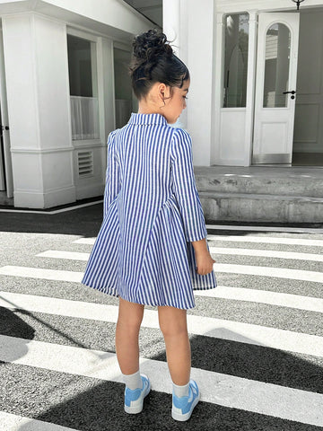 Young Girl Casual Matching Mother-Daughter Woven Long Sleeve Striped Collar Belted Casual Dress, Autumn/Winter