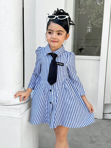 Young Girl Casual Matching Mother-Daughter Woven Long Sleeve Striped Collar Belted Casual Dress, Autumn/Winter