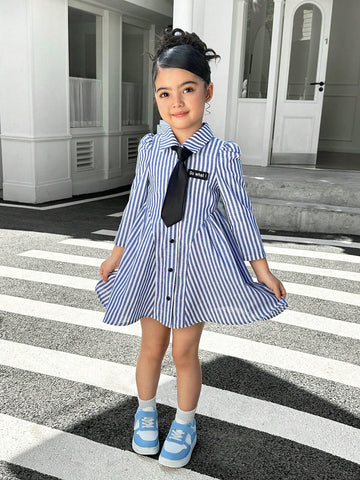 Young Girl Casual Matching Mother-Daughter Woven Long Sleeve Striped Collar Belted Casual Dress, Autumn/Winter