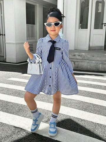 Young Girl Casual Matching Mother-Daughter Woven Long Sleeve Striped Collar Belted Casual Dress, Autumn/Winter