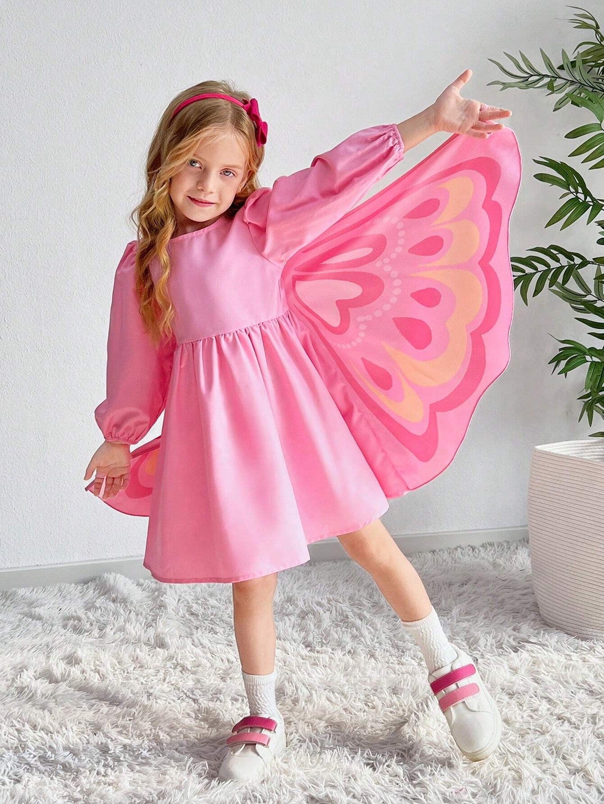 Young Girl Casual Matching Mother-Daughterl Cute Pink 3D Butterfly Shaped Fly Sleeve Dress