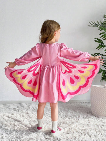 Young Girl Casual Matching Mother-Daughterl Cute Pink 3D Butterfly Shaped Fly Sleeve Dress