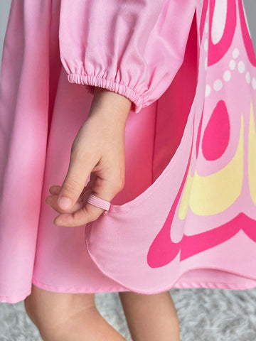 Young Girl Casual Matching Mother-Daughterl Cute Pink 3D Butterfly Shaped Fly Sleeve Dress