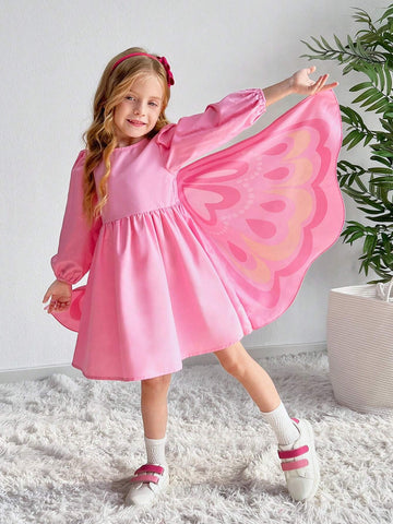 Young Girl Casual Matching Mother-Daughterl Cute Pink 3D Butterfly Shaped Fly Sleeve Dress