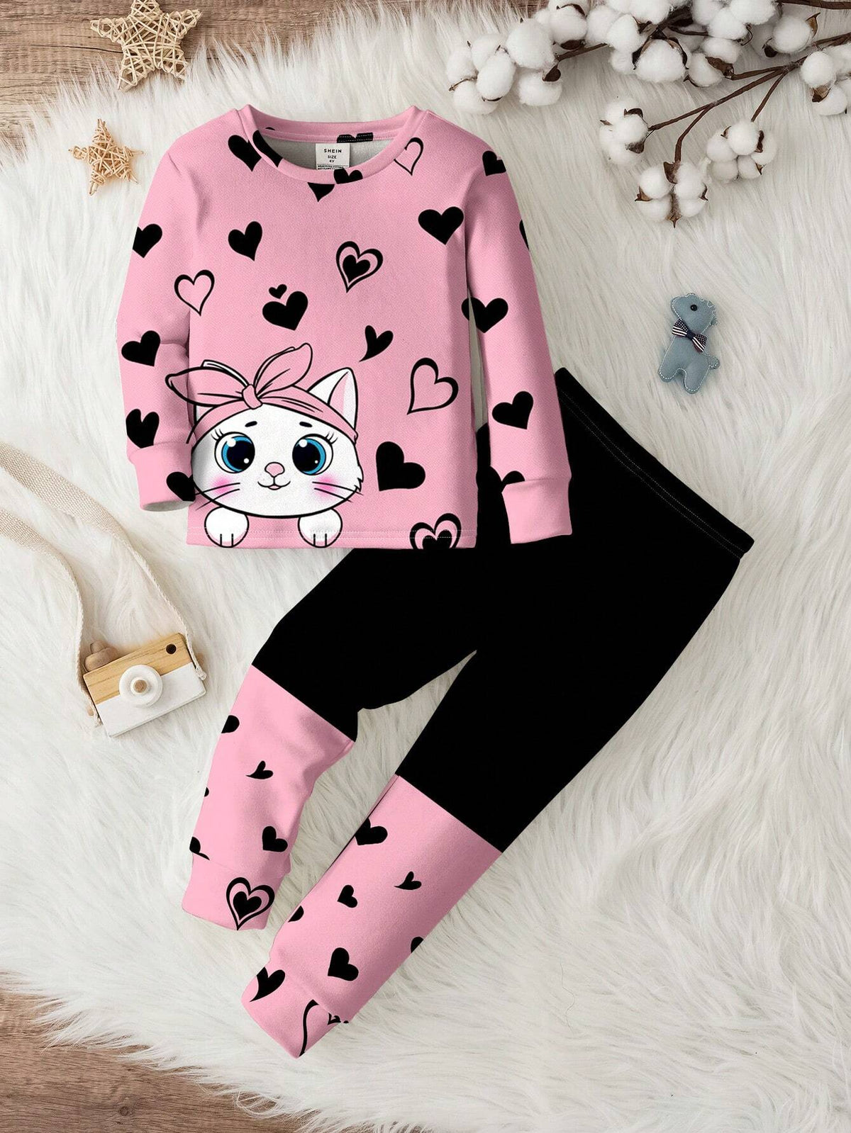 Young Girl Casual Minimalist Cartoon Cat Heart & Bow Pattern Soft & Comfy Long Sleeve Pants Sleepwear Set, Thick & Warm For Autumn/Winter, Snug Fit