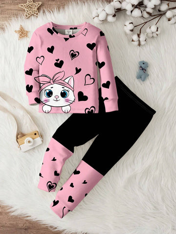 Young Girl Casual Minimalist Cartoon Cat Heart & Bow Pattern Soft & Comfy Long Sleeve Pants Sleepwear Set, Thick & Warm For Autumn/Winter, Snug Fit