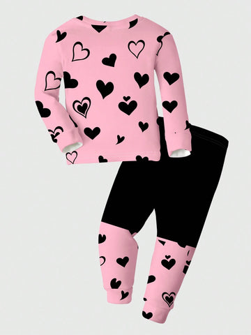 Young Girl Casual Minimalist Cartoon Cat Heart & Bow Pattern Soft & Comfy Long Sleeve Pants Sleepwear Set, Thick & Warm For Autumn/Winter, Snug Fit