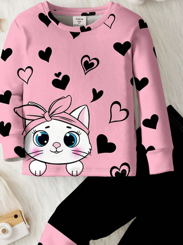 Young Girl Casual Minimalist Cartoon Cat Heart & Bow Pattern Soft & Comfy Long Sleeve Pants Sleepwear Set, Thick & Warm For Autumn/Winter, Snug Fit