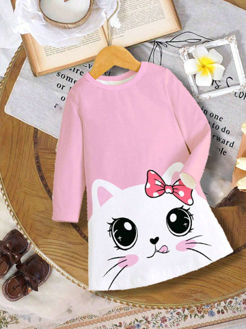 Young Girl Casual Minimalist Cartoon Cat Pattern Bodycon Long Sleeve Dress, Suitable For Autumn/Winter