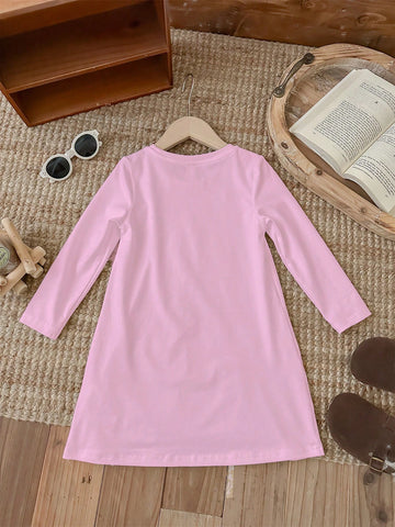 Young Girl Casual Minimalist Cartoon Cat Pattern Bodycon Long Sleeve Dress, Suitable For Autumn/Winter
