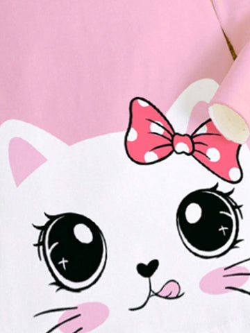 Young Girl Casual Minimalist Cartoon Cat Pattern Bodycon Long Sleeve Dress, Suitable For Autumn/Winter