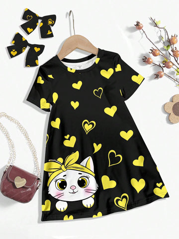 Young Girl Casual Minimalist Short Sleeve Mid-Length Dress, Summer