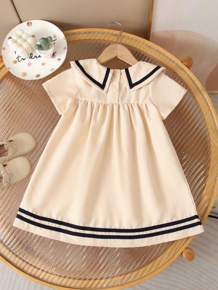 Young Girl Casual Navy Style Short Sleeve Beach Dress, Versatile Party Princess Dress, Summer
