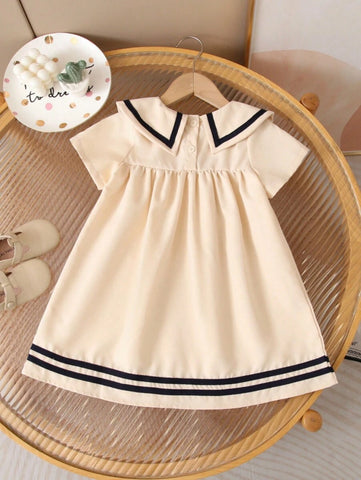 Young Girl Casual Navy Style Short Sleeve Beach Dress, Versatile Party Princess Dress, Summer