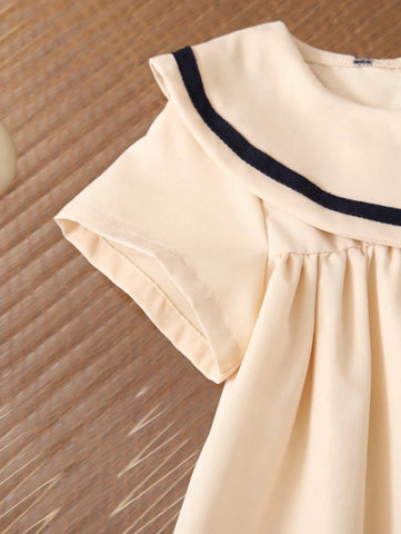 Young Girl Casual Navy Style Short Sleeve Beach Dress, Versatile Party Princess Dress, Summer