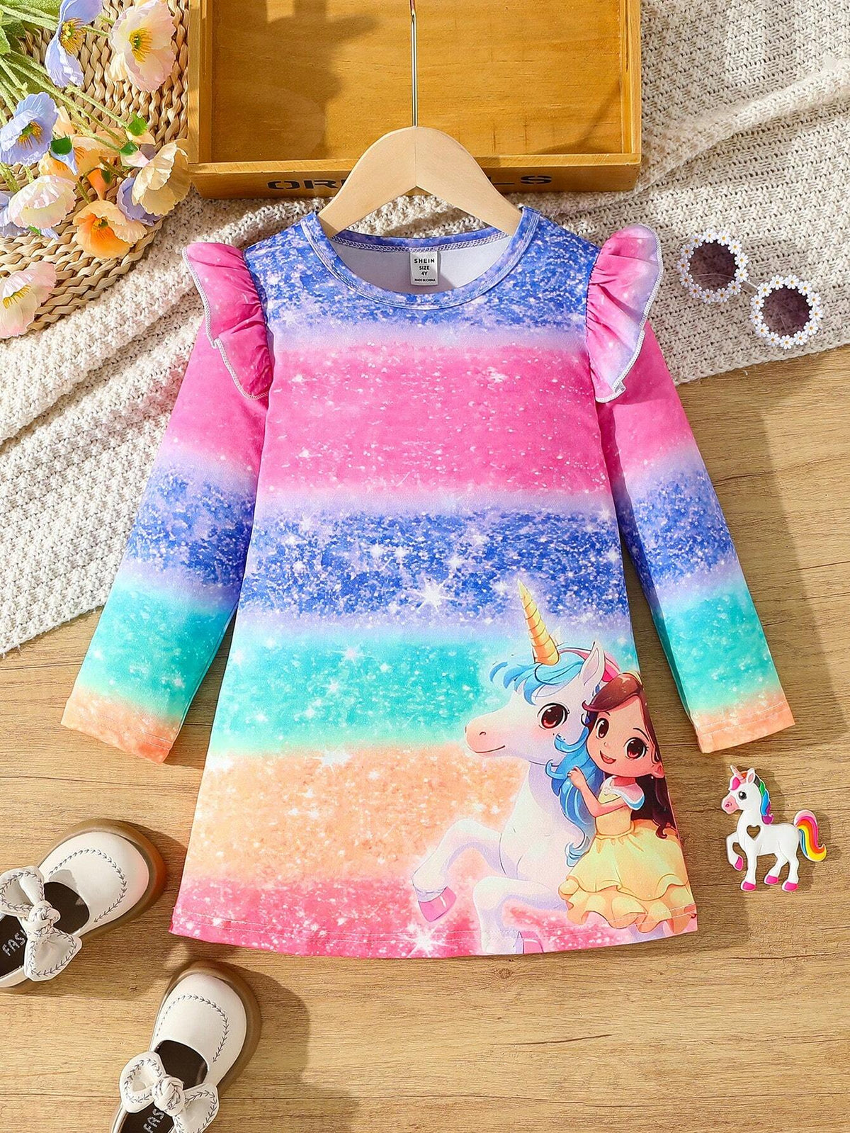 Young Girl Casual Outdoor Soft Unicorn Gradient Stripe Print Cap Sleeve Dress, Suitable For Daily Wear, Home & Holiday Matching, Spring/Autumn/Winter