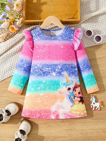 Young Girl Casual Outdoor Soft Unicorn Gradient Stripe Print Cap Sleeve Dress, Suitable For Daily Wear, Home & Holiday Matching, Spring/Autumn/Winter