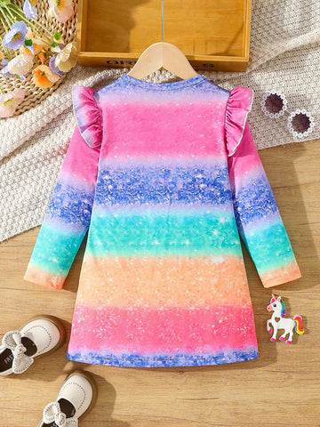 Young Girl Casual Outdoor Soft Unicorn Gradient Stripe Print Cap Sleeve Dress, Suitable For Daily Wear, Home & Holiday Matching, Spring/Autumn/Winter