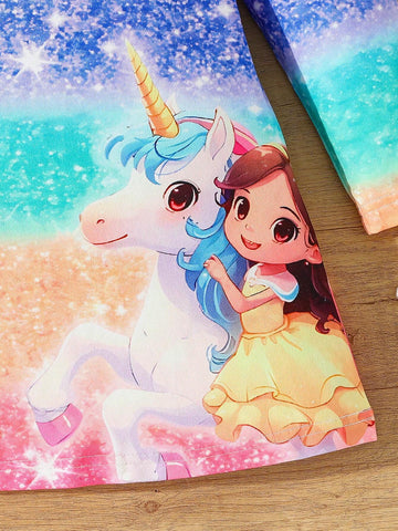 Young Girl Casual Outdoor Soft Unicorn Gradient Stripe Print Cap Sleeve Dress, Suitable For Daily Wear, Home & Holiday Matching, Spring/Autumn/Winter