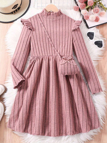 Young Girl Casual Pink Collar Long Sleeve Dress With Pockets, Spring Autumn