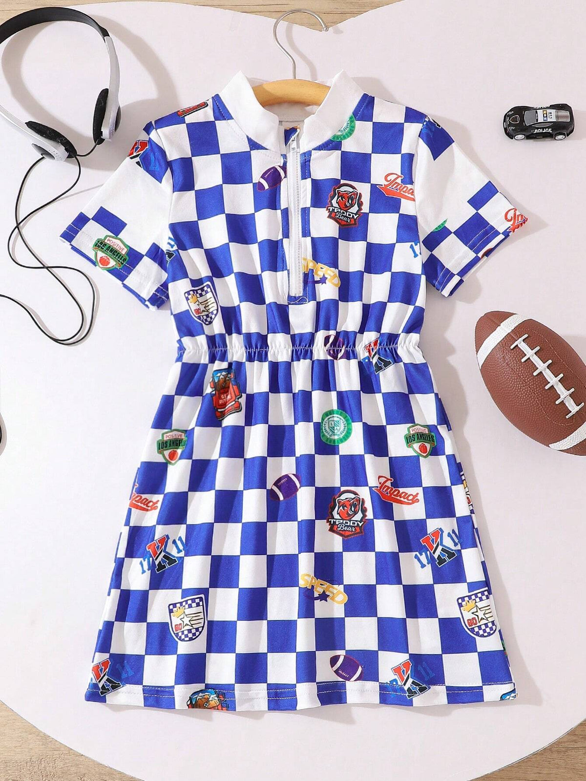 Young Girl Casual Plaid Cartoon Printed Dress With Stand Collar, Sporty Style