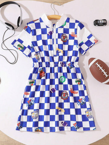 Young Girl Casual Plaid Cartoon Printed Dress With Stand Collar, Sporty Style