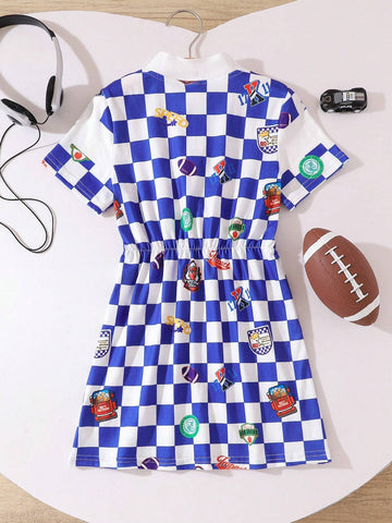 Young Girl Casual Plaid Cartoon Printed Dress With Stand Collar, Sporty Style