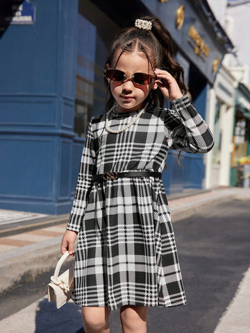 Young Girl Casual Plaid Long Sleeve Dress, Autumn