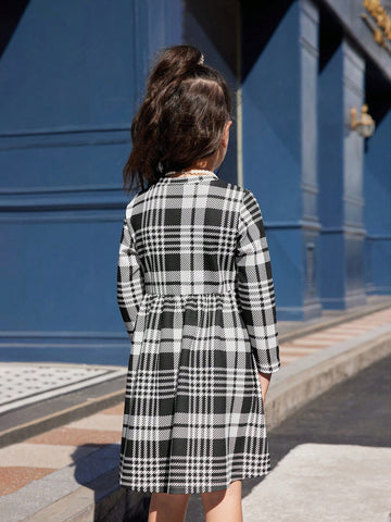 Young Girl Casual Plaid Long Sleeve Dress, Autumn