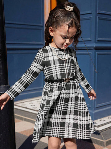 Young Girl Casual Plaid Long Sleeve Dress, Autumn