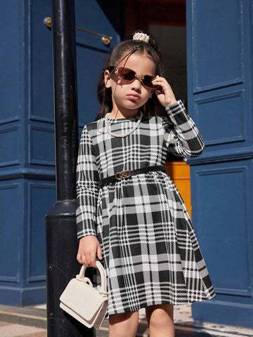 Young Girl Casual Plaid Long Sleeve Dress, Autumn