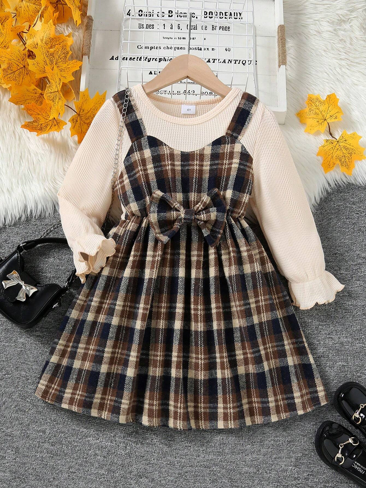Young Girl Casual Plaid Patchwork Flutter Sleeve Round Neck Waffle Decor Bow Tie Fake Two-Piece Midi Dress, Autumn Winter