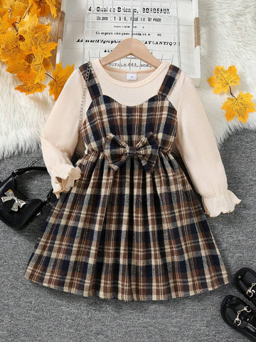 Young Girl Casual Plaid Patchwork Flutter Sleeve Round Neck Waffle Decor Bow Tie Fake Two-Piece Midi Dress, Autumn Winter