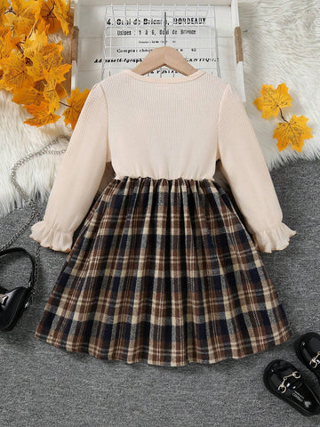 Young Girl Casual Plaid Patchwork Flutter Sleeve Round Neck Waffle Decor Bow Tie Fake Two-Piece Midi Dress, Autumn Winter