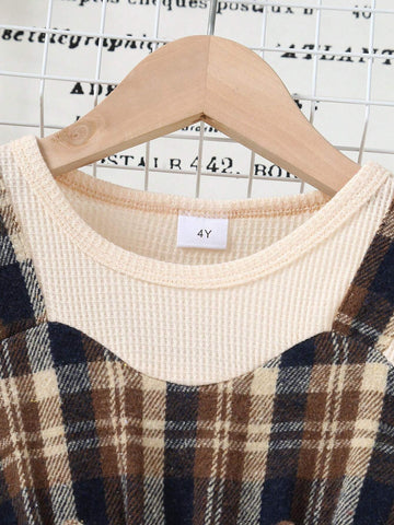 Young Girl Casual Plaid Patchwork Flutter Sleeve Round Neck Waffle Decor Bow Tie Fake Two-Piece Midi Dress, Autumn Winter