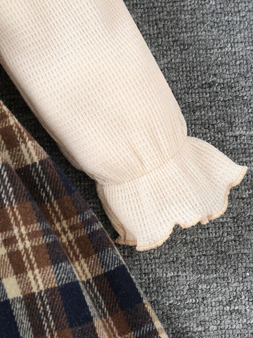 Young Girl Casual Plaid Patchwork Flutter Sleeve Round Neck Waffle Decor Bow Tie Fake Two-Piece Midi Dress, Autumn Winter