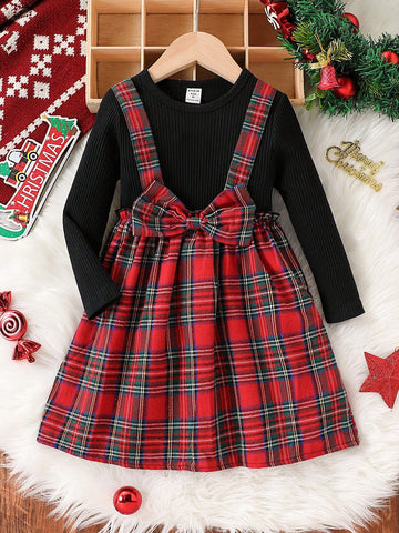Young Girl Casual Plaid Patchwork Rib Knit Long Sleeve Round Neck Dress, Suitable For Spring & Autumn